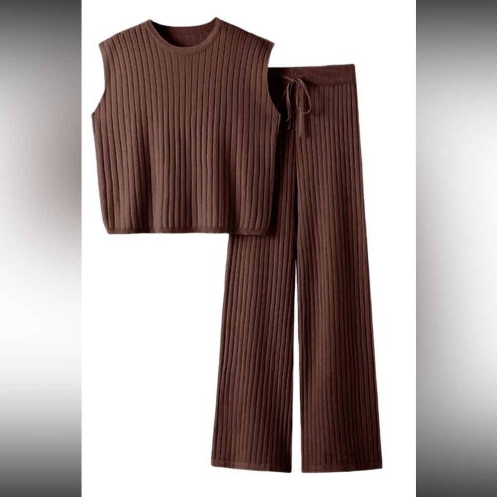Ribbed Wide-Leg Knit Pant Set in Chocolate Brown